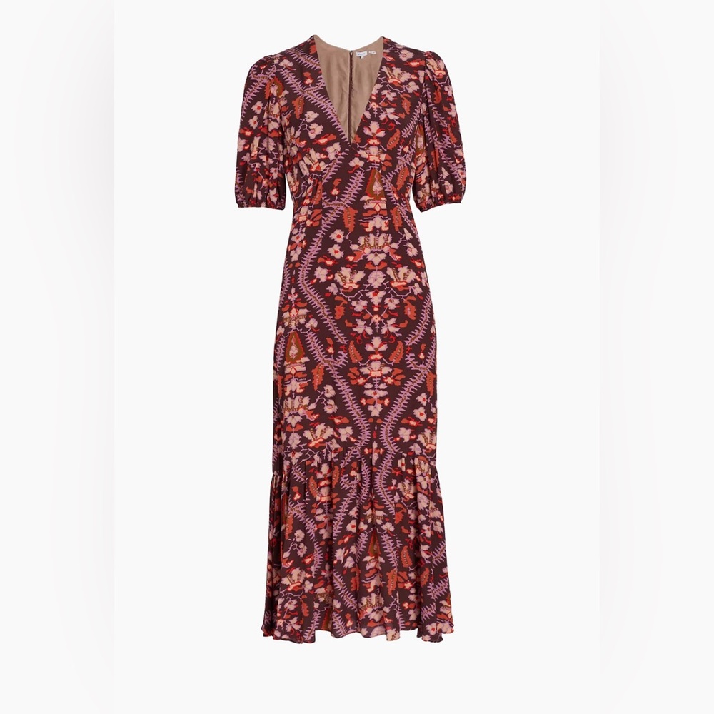 Rhode Ester V-Neck Puff-Sleeve Maxi Dress in plumeria chocolate size 2.